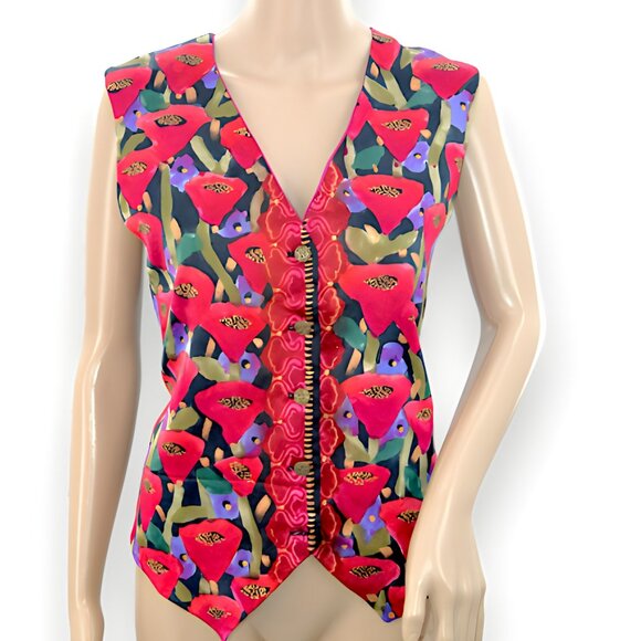 Wearable Art Red Green Purple Poppy Boho Artistic Chic Floral Cropped Vest M L - Picture 2 of 6